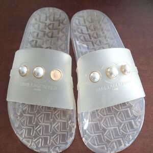 Karl Lagerfeld Clear Slide Sandals with Pearl Accents